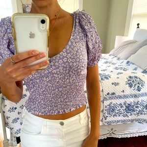 Lilac shirt with white flowers, US 2 (I’m typically a 00-0) by Auguste the label